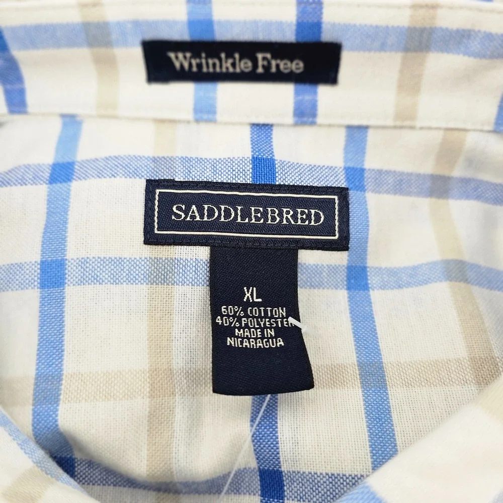 NWT Men's Saddlebred Ivory Beige Blue Plaid Button Down Shirt Size XL